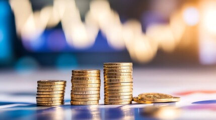 Fototapete - Stacks of golden coins in ascending order representing financial growth on a blurred background : Generative AI