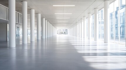 Poster - Modern architectural interior with bright sunlight filtering through large windows : Generative AI