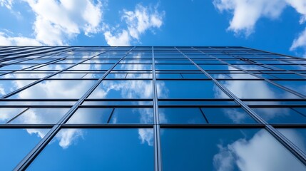Aufkleber - Modern glass building reflecting clouds in a bright blue sky showcasing contemporary architecture : Generative AI