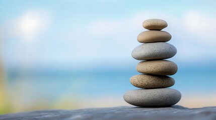 Leinwandbilder - Carefully stacked smooth pebbles creating a serene and soothing zen stone tower on a blurred beach background : Generative AI