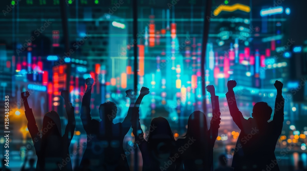 A team of traders celebrating their success at the stock market in the ...