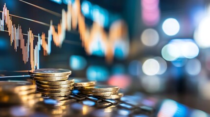Leinwandbilder - Stack of golden coins with dynamic financial chart on a blurred background representing growth : Generative AI