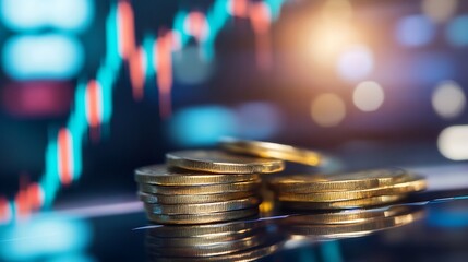 Aufkleber - Closeup shot of shiny gold coins stacked on a reflective surface with stock market charts in the background : Generative AI