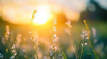 Aufkleber - Golden sunset illuminating delicate wildflowers in a serene field during a picturesque evening : Generative AI
