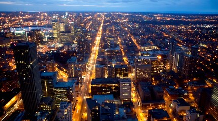Aufkleber - Aerial View Of A Busy City At Twilight With Streets Illuminated By Bright City Lights : Generative AI