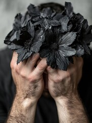 Aufkleber - Emotional portrait of a man with black flower crown symbolizing loss and melancholy in a striking visual : Generative AI