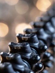 Fototapete - Closeup shot of a mechanical object with detailed black components abstractly highlighted by blurred lights in the background : Generative AI