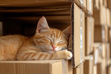 A peaceful slumbering of a fluffy orange tabby cat atop a pile of cardboard boxes within a warehouse. Feline Nap in Industrial Warehouse