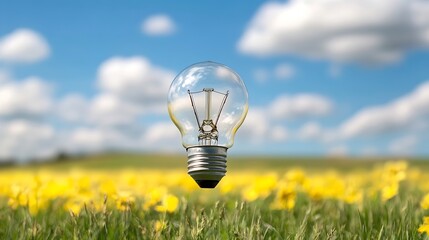 Leinwandbilder - A vintage light bulb floating above a vibrant flower field against a bright blue sky showcasing creativity in nature : Generative AI