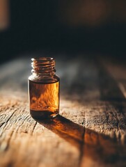 Poster - Elegant glass bottle filled with amber liquid casting a shadow on rustic wooden surface in soft light : Generative AI