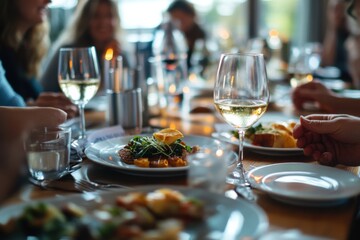 Poster - Group enjoying elegant dining experience with wine and gourmet dishes in cozy atmosphere during evening gathering. Generative AI