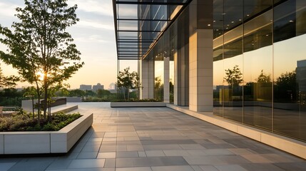 Poster - Beautiful urban landscape featuring a modern building with glass reflections at sunset : Generative AI