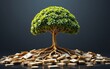 © cookiecutter - A golden tree with leaves made of dollar bills grows from a pile of gold coins, symbolizing financial growth and prosperity.
