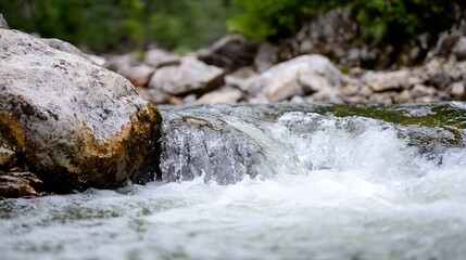 Poster - Clear Stream Water Flowing Over Stones in a Lush Green Natural Environment : Generative AI