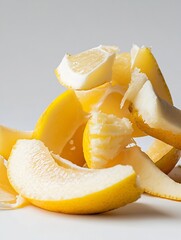 Poster - Abstract arrangement of fresh yellow lemon peels showcasing vibrant textures and shapes on a clean background : Generative AI