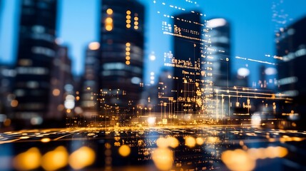 Poster - Urban cityscape at dusk showcasing glowing skyscrapers and a vibrant digital interface : Generative AI