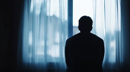 Leinwandbilder - Silhouette of a Reflective Man Sitting by a Window with Sheer Curtains : Generative AI