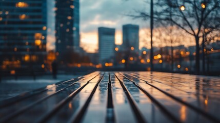 Leinwandbilder - Urban Sunset View of Wet Wooden Table with Soft Focus on City Buildings and Night Lights : Generative AI
