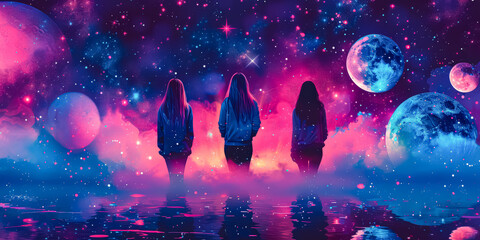 Wall Mural - three women standing in front of a galaxy with a moon in the background. the sky is filled with star
