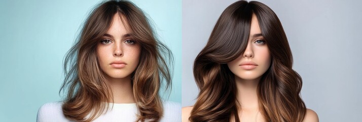 Poster - Transformation from dull to stylish hair showcasing a stunning makeover in a beauty salon setting. Generative AI