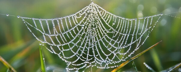 Intricate spider web covered in morning dew