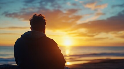 Aufkleber - Man sitting by the sea at sunset looking towards the horizon representing reflection and peace : Generative AI
