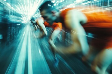 Poster - Runner transforms from tired and untrained at start line to strong and victorious finish with energetic motion blur effect. Generative AI