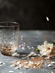 Poster - A creative and artistic arrangement of a broken glass and delicate flower petals scattered on a table : Generative AI