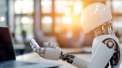 Leinwandbilder - Futuristic Robot Hand Preparing to Assist on a Desk with Laptop in Modern Office : Generative AI