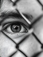 Poster - Closeup shot of a human eye behind a wire fence showcasing deep emotions and details : Generative AI