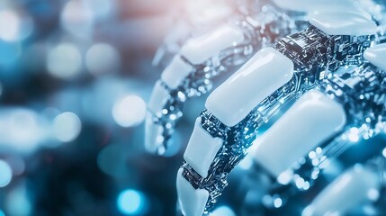 Poster - Closeup view of a robotic hand showcasing intricate mechanical details against blurred background : Generative AI
