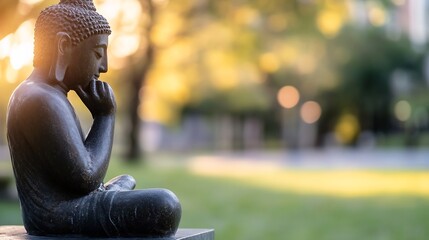 Poster - Serene Buddha Statue in Soft Light Surrounded by Nature in a Beautiful Outdoor Setting : Generative AI