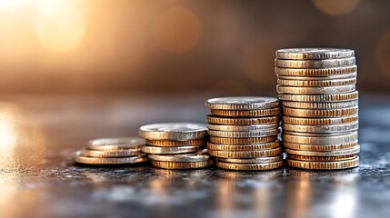Aufkleber - Stack of coins arranged in ascending order illustrating wealth accumulation and financial growth in a soft glow light setting : Generative AI