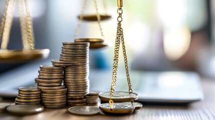 Aufkleber - Balanced Scales Symbolizing Justice and Fairness in a Financial Environment with Stacks of Coins : Generative AI
