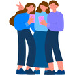 © PJang - three friends taking a selfie together, fun social moment flat vector illustration