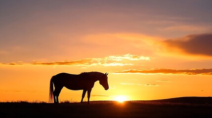 Aufkleber - Silhouette of a majestic horse against a vibrant sunset horizon capturing the beauty of nature : Generative AI