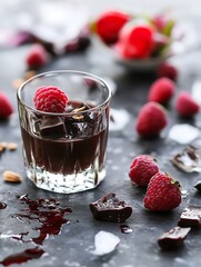 Aufkleber - Delicious dessert display with raspberries and chocolate arranged beautifully on a dark slate surface : Generative AI