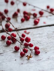 Poster - Closeup capture of vibrant red berries resting on a rustic wooden surface : Generative AI