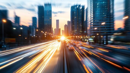 Poster - Dynamic Urban Scene with Blurred Traffic Flow and Skyscrapers at Sunset in a Bustling City : Generative AI