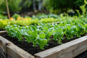 Aufkleber - Healthy green lettuce growing in an organic garden bed surrounded by various plants during daytime. Generative AI