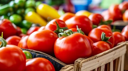 Poster - Fresh ripe tomatoes on display in a vibrant market with various colorful vegetables around them : Generative AI