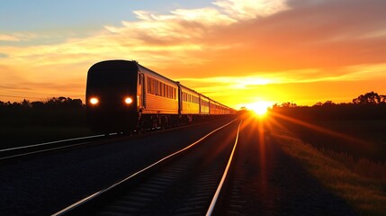 Aufkleber - Beautiful sunset with a train silhouette traveling along the railway under the colorful sky : Generative AI