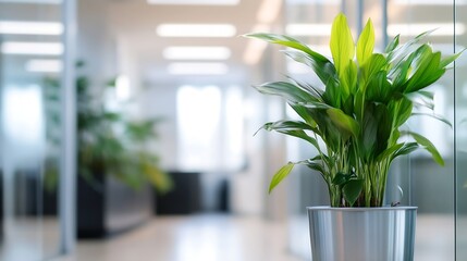 Poster - A Lush Green Indoor Plant Standing in a Modern Office Space with Bright Natural Light : Generative AI