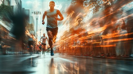 Poster - Tired runner at start line transforms into strong victor, showcasing resilience and energy after completing a race. Generative AI