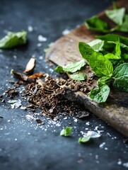 Poster - Fresh mint leaves scattered on rustic wooden board with chocolate hints showing a gourmet kitchen scene : Generative AI