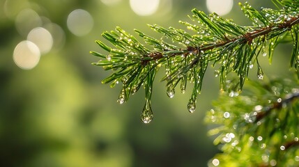 Aufkleber - Close Up of Pine Tree Branch with Glistening Water Droplets After a Rain : Generative AI
