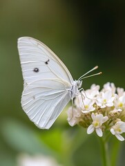 Poster - Delicate white butterfly resting on small white flowers with a soft focused garden background reflecting nature's beauty : Generative AI