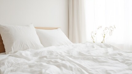 Aufkleber - Cozy and aesthetic bedroom interior with soft white bedding and natural light streaming through sheer curtains : Generative AI