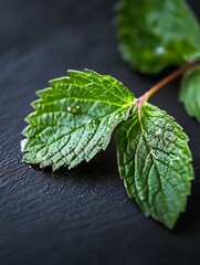 Poster - Close up of fresh green mint leaves with raindrops on a dark stone background : Generative AI