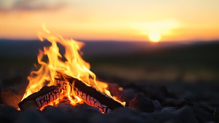 Aufkleber - Warm and inviting campfire flames flickering at sunset creating a cozy atmosphere outdoors : Generative AI